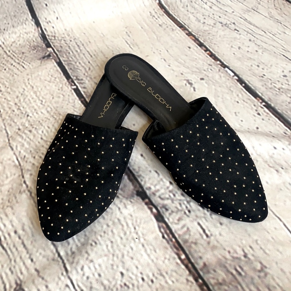 Big Buddha Black Suede Gold Studded Slip On Mules Shoes Size 8